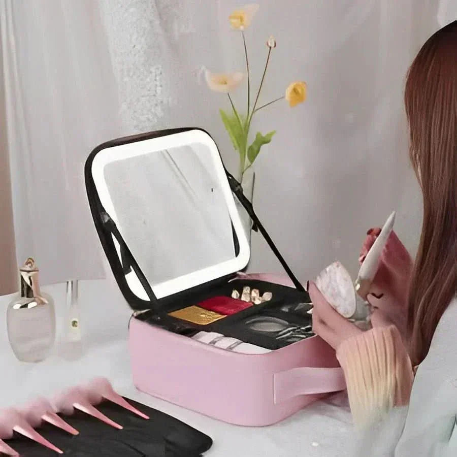 GlimmerGlow Makeup Bag With LED Mirror And Portable Lighted Storage